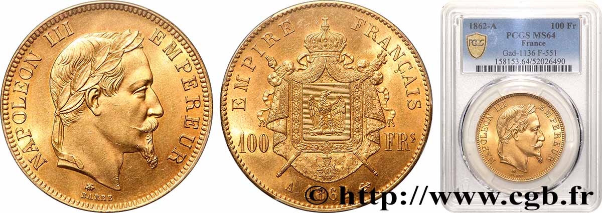 100 francs or Napoléon III, tête laurée 1862 Paris F.551/1 SPL64 PCGS