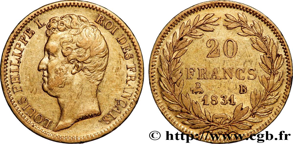 20 francs or Louis-Philippe, Tiolier, tranche inscrite en creux 1831 Rouen F.524/3 TTB 