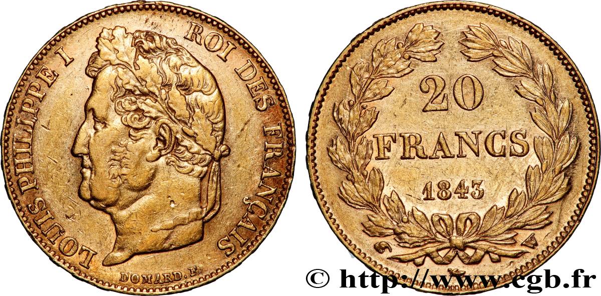 20 francs Louis-Philippe, Domard 1843 Lille F.527/30 XF 