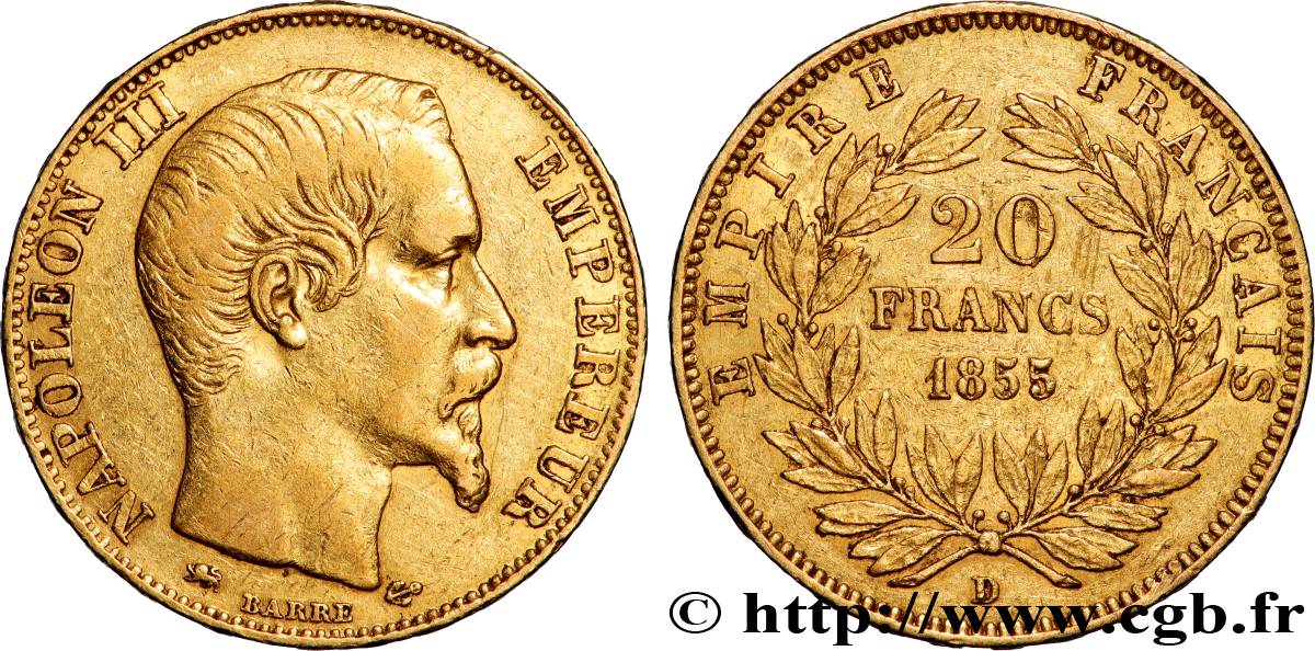 20 francs or Napoléon III, tête nue 1855 Lyon F.531/7 TTB 