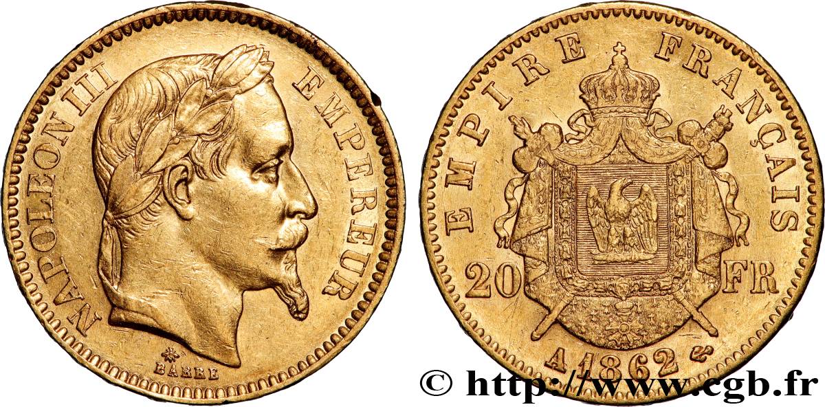 20 francs or Napoléon III, tête laurée, grand A 1862 Paris F.532/4 AU 