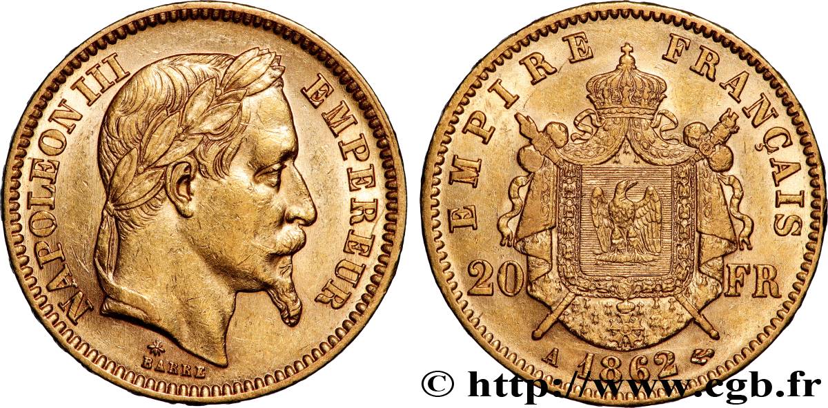 20 francs or Napoléon III, tête laurée, Petit A 1862 Paris F.532/3 AU 