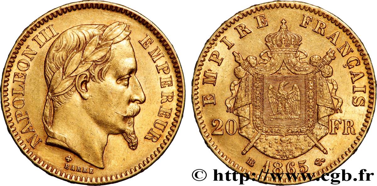 20 francs or Napoléon III, tête laurée 1865 Strasbourg F.532/12 AU 