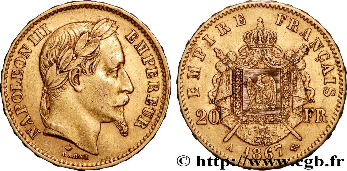 20 francs or Napoléon III, tête laurée 1867 Paris F.532/15 TTB 