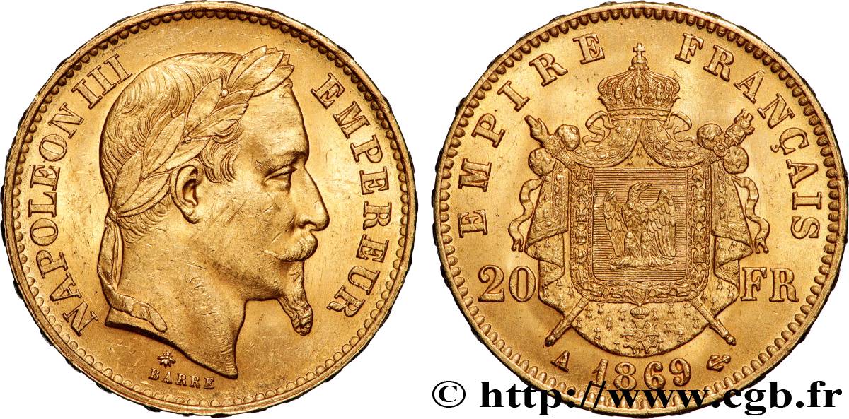 20 francs or Napoléon III, tête laurée 1869 Paris F.532/20 SUP 