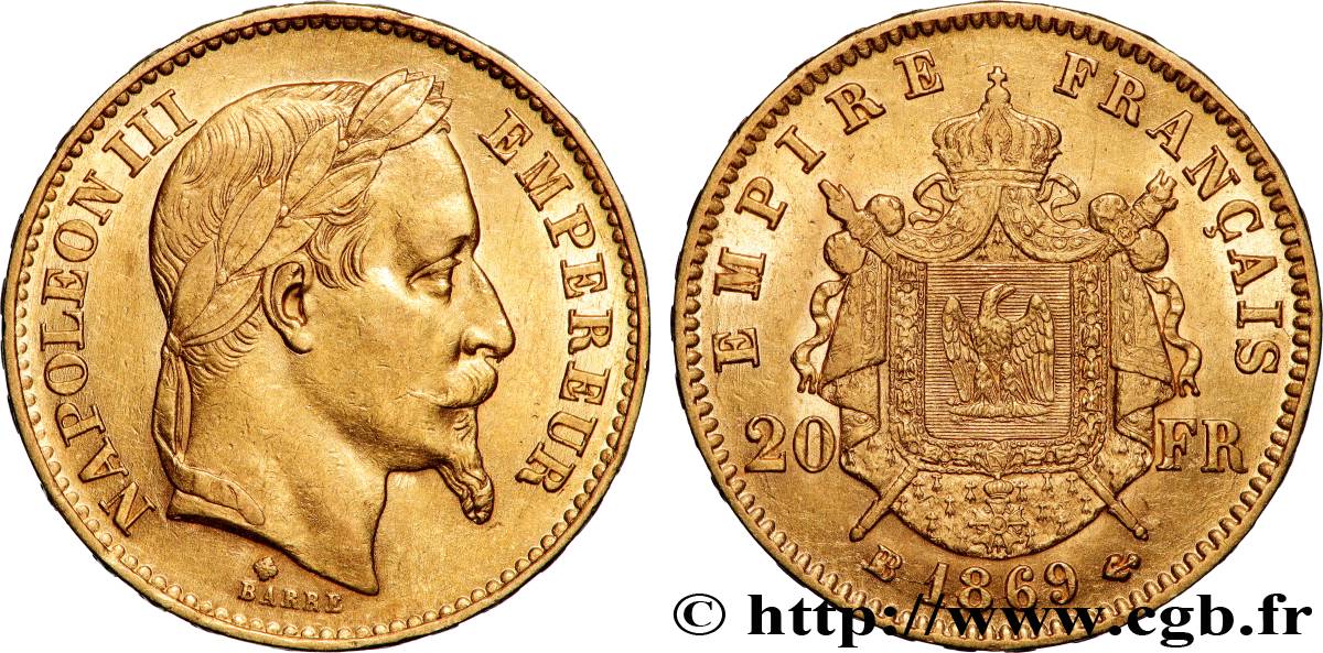 20 francs or Napoléon III, tête laurée, grand BB 1869 Strasbourg F.532/22 TTB+ 