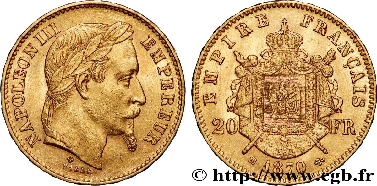 20 francs or Napoléon III, tête laurée 1870 Strasbourg F.532/24 SUP 