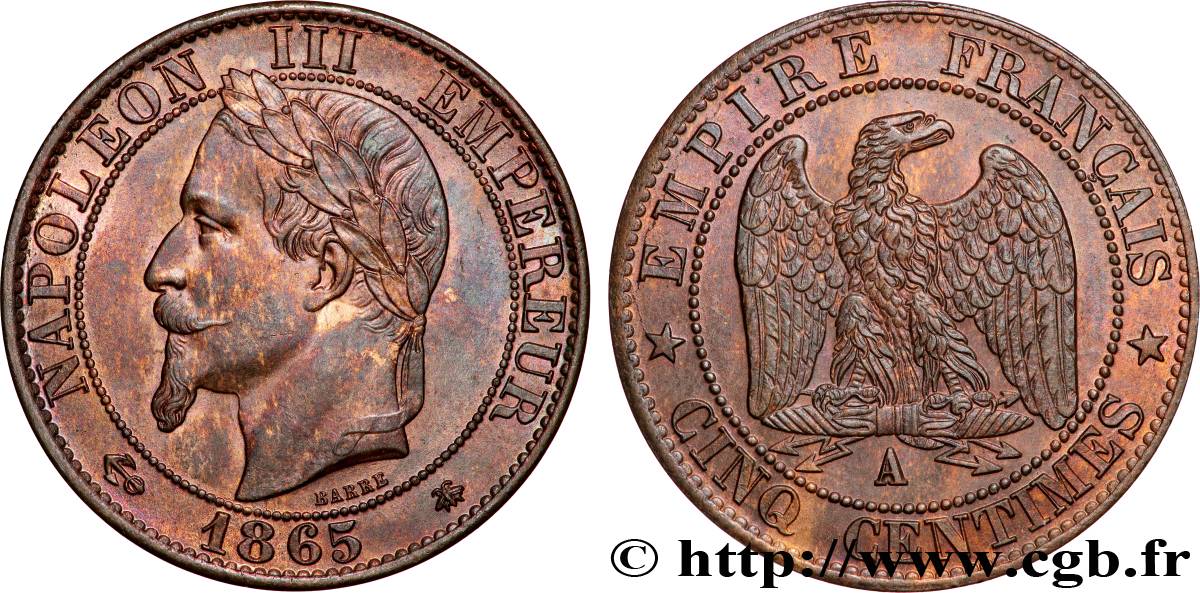 Cinq centimes Napoléon III, tête laurée 1865 Paris F.117/16 EBC62 