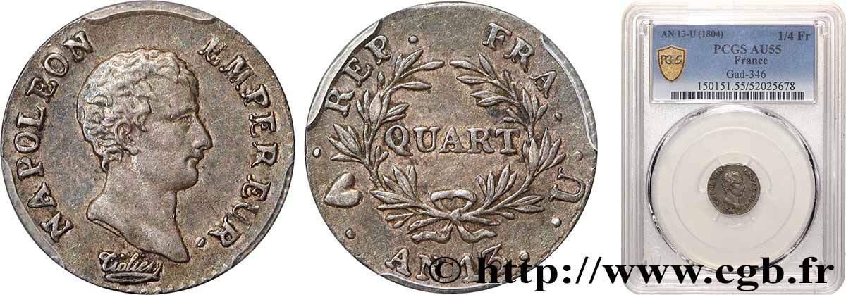 Quart (de franc) Napoléon Empereur, Calendrier révolutionnaire 1805 Turin F.158/17 AU55 PCGS