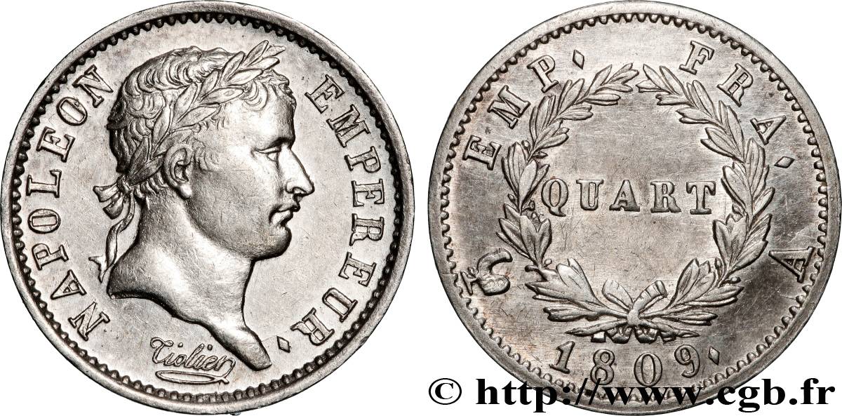 Quart (de franc) Napoléon Ier tête laurée, Empire français 1809 Paris F.162/1 TTB+ 