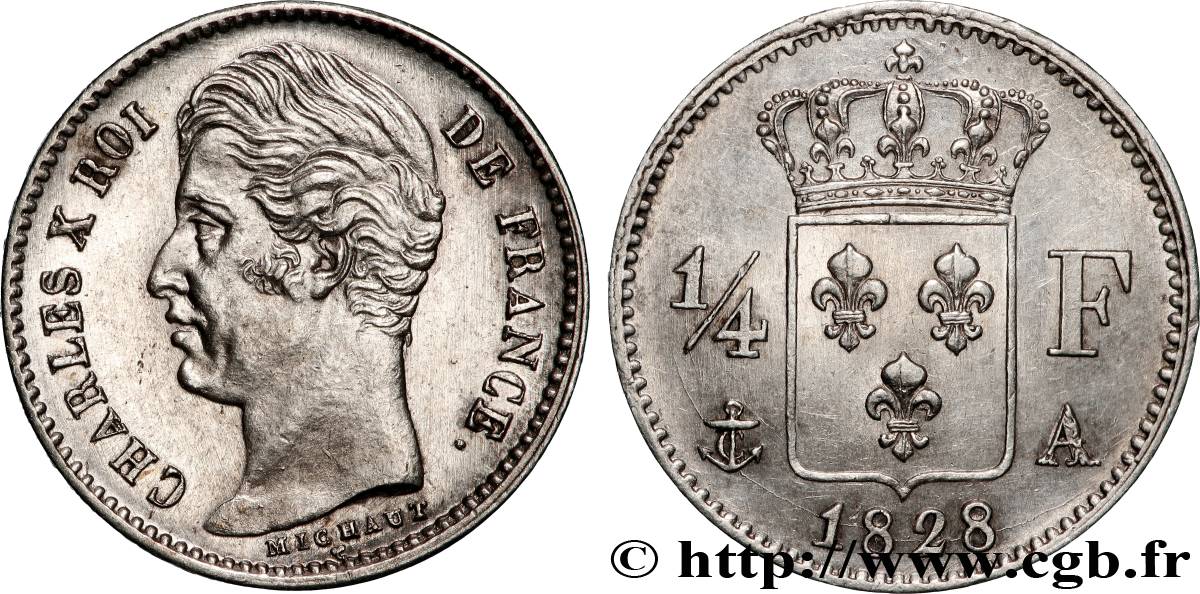 1/4 franc Charles X 1828 Paris F.164/18 SUP+ 