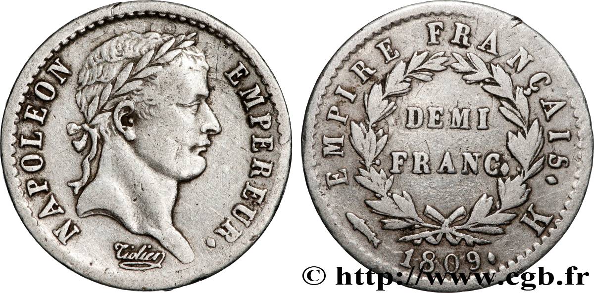 Demi-franc Napoléon Ier tête laurée, Empire français 1809 Bordeaux F.178/4 VF 
