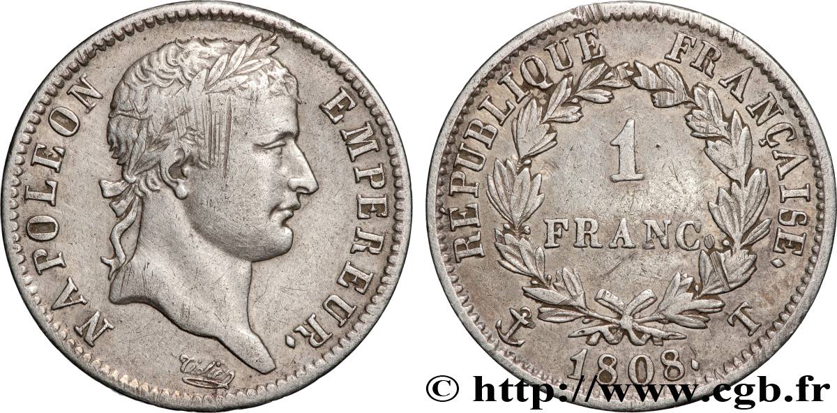 1 franc Napoléon Ier tête laurée, République française 1808 Nantes F.204/13 TB+ 