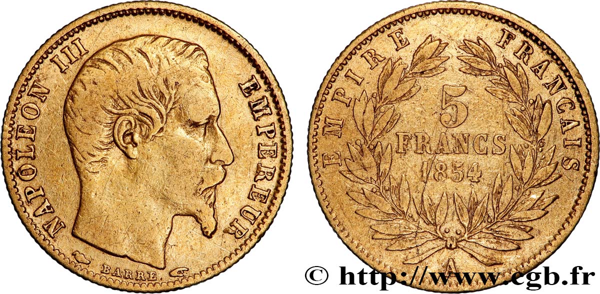 5 francs or Napoléon III, tête nue, petit module, tranche cannelée 1854 Paris F.500A/1 TB 