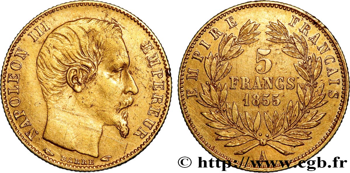 5 francs or Napoléon III, tête nue, petit module, tranche cannelée 1855 Paris F.500A/2 TB+ 