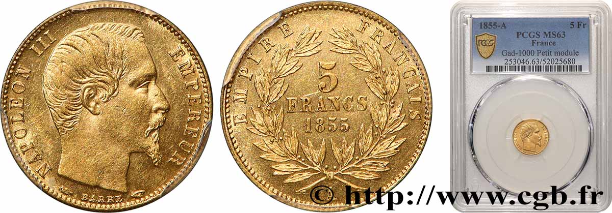 5 francs or Napoléon III, tête nue, petit module, tranche cannelée 1855 Paris F.500A/2 MS63 PCGS