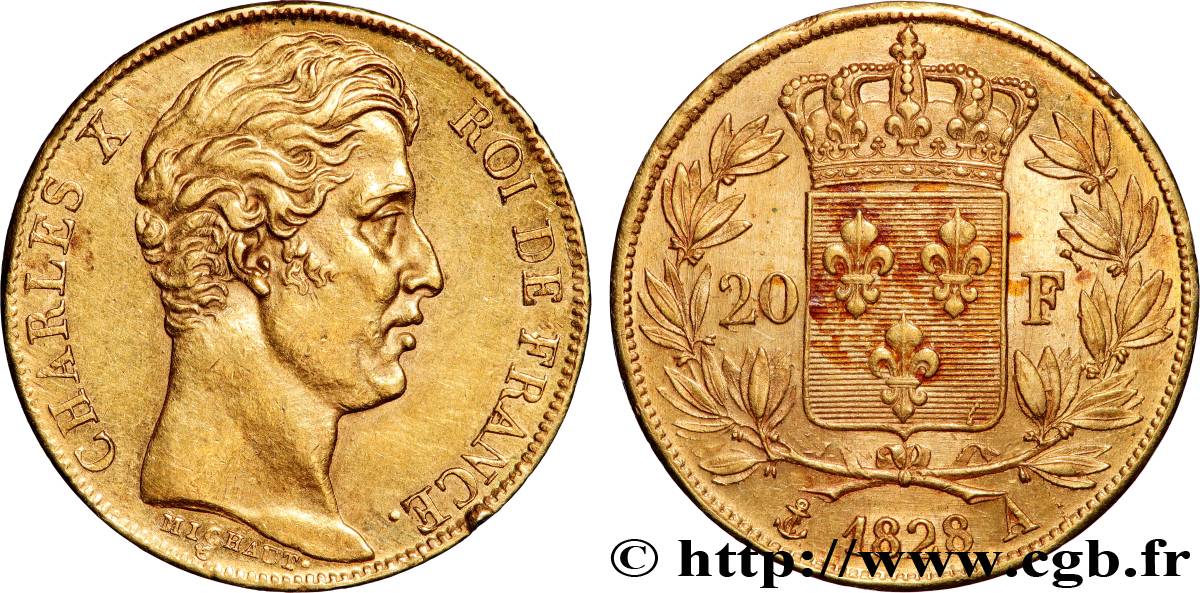 20 francs or Charles X, matrice du revers à quatre feuilles et demie 1828 Paris F.520/8 AU 