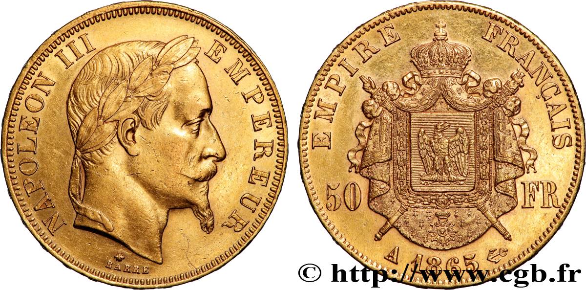 50 francs or Napoléon III, tête laurée 1865 Paris F.548/5 MBC+ 