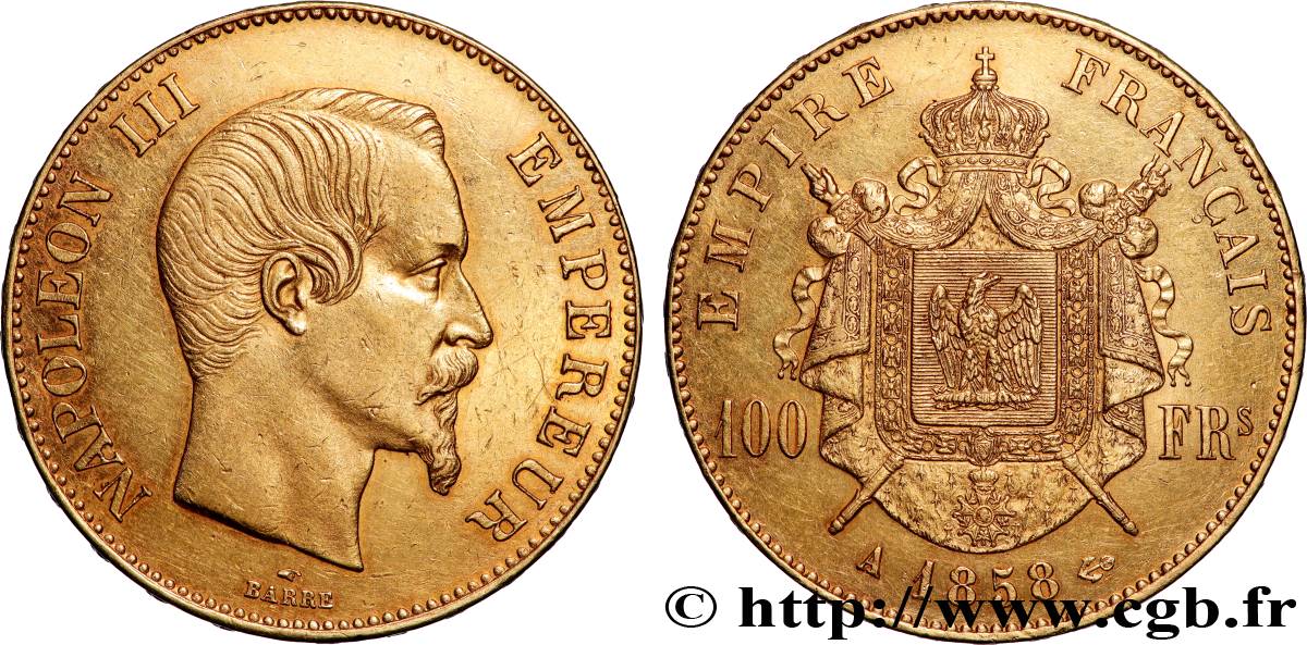 100 francs or Napoléon III, tête nue 1858 Paris F.550/5 TTB+ 