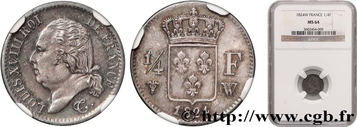 1/4 franc Louis XVIII 1824 Lille F.163/35 SPL64 NGC