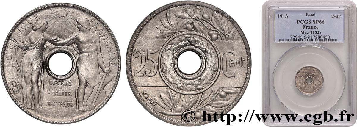 Essai de 25 centimes par Varenne, petit module 1913 Paris GEM.75 2 FDC66 PCGS