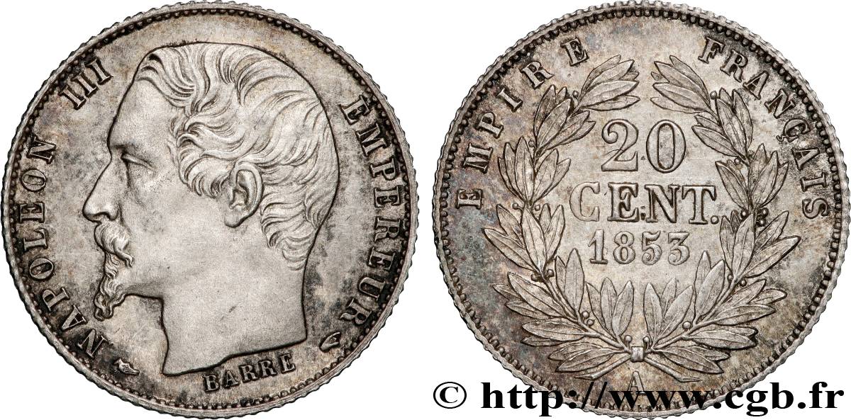20 centimes Napoléon III, tête nue 1853 Paris F.148/1 SUP+ 
