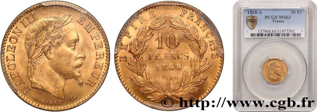 10 francs or Napoléon III, tête laurée 1868 Paris F.507A/17 SPL63 PCGS