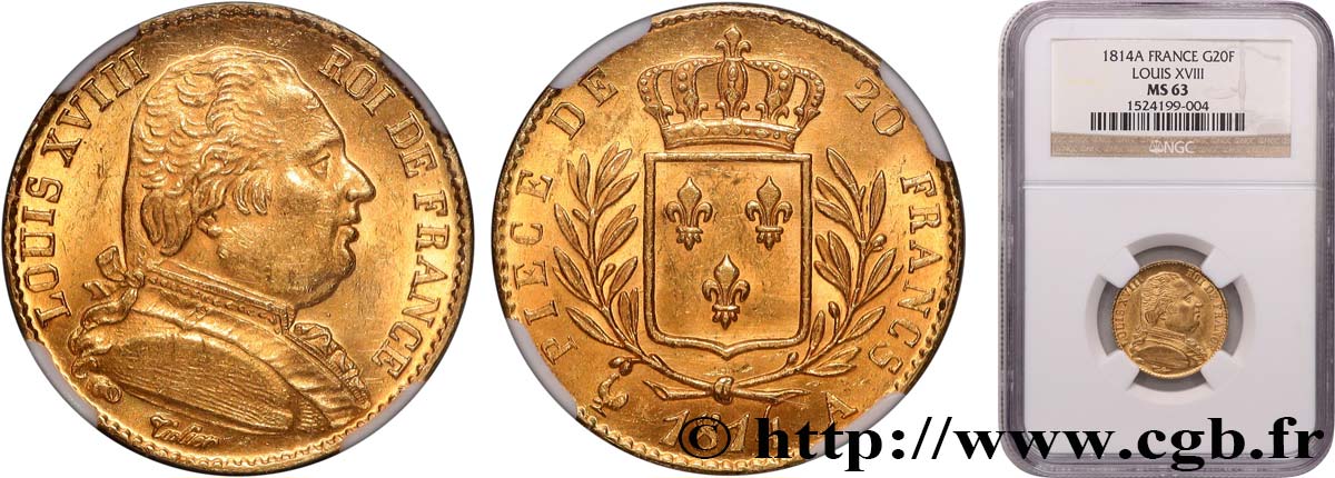 20 francs or Louis XVIII, buste habillé 1814 Paris F.517/1 SC63 NGC