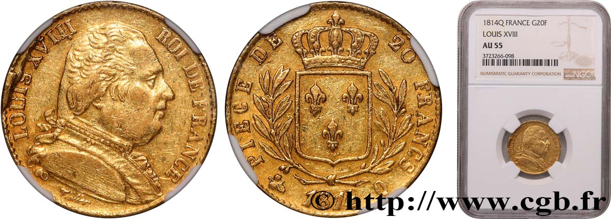20 francs or Louis XVIII, buste habillé 1814 Perpignan F.517/8 SUP55 NGC