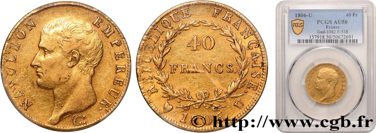 40 francs or Napoléon tête nue, Calendrier grégorien 1806 Turin F.538/4 MBC50 PCGS