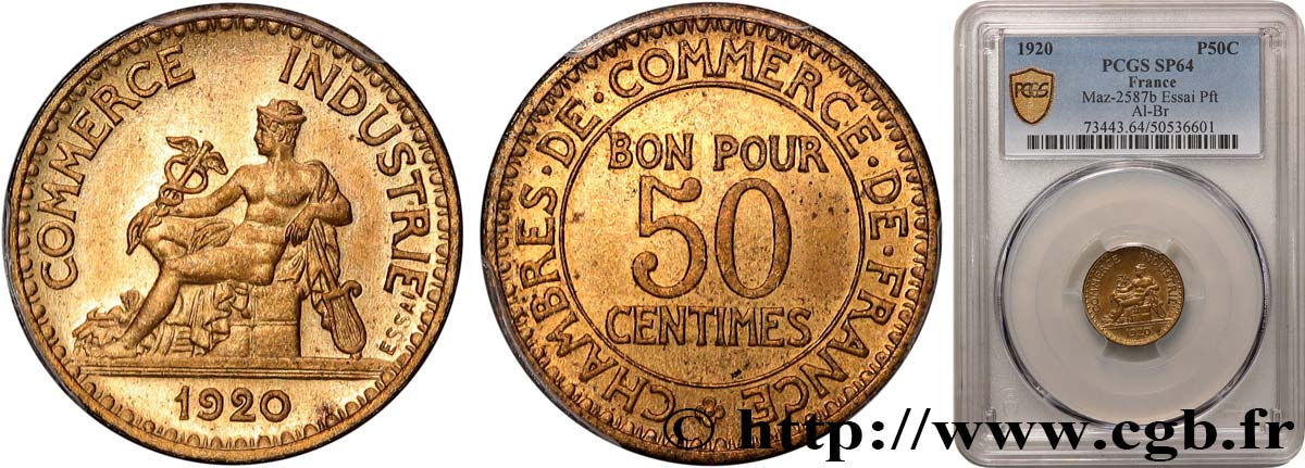 Essai-piéfort de 50 centimes Chambres de commerce 1920 Paris GEM.82 EP MS64 PCGS