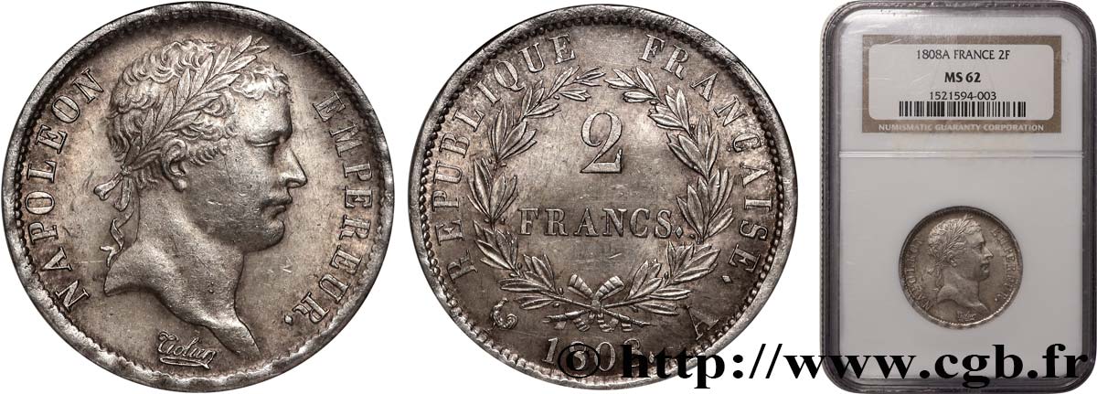2 francs Napoléon Ier tête laurée, République française 1808 Paris F.254/4 VZ62 NGC