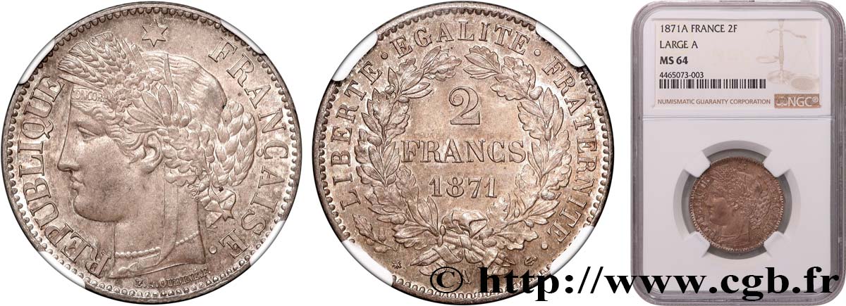 2 francs Cérès, avec légende 1871 Paris F.265/3 SPL64 NGC