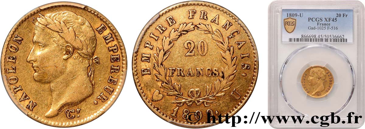 20 francs or Napoléon tête laurée, Empire français 1809 Turin F.516/6 TTB45 PCGS