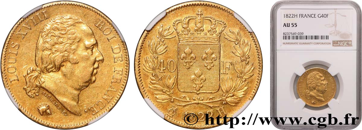 40 francs or Louis XVIII 1822 La Rochelle F.542/12 SUP55 NGC