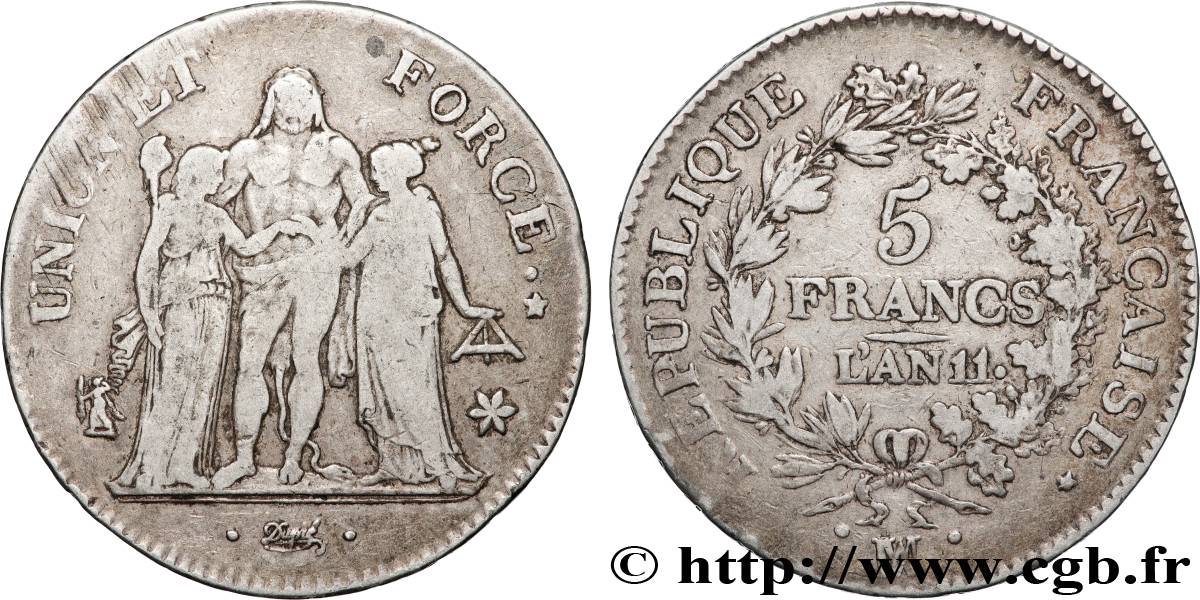 5 francs Union et Force, Union serré, seulement glands intérieurs 1803 Marseille F.288/196 B+ 