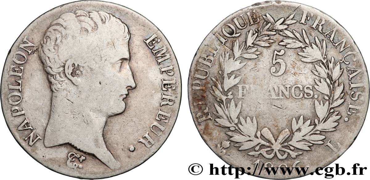 5 francs Napoléon Empereur, Calendrier grégorien 1806 Bayonne F.304/7 TB 