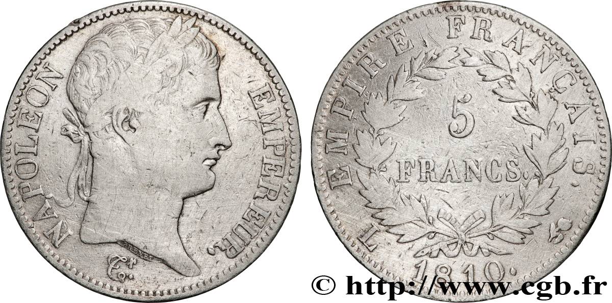 5 francs Napoléon Empereur, Empire français 1810 Bayonne F.307/20 TB 