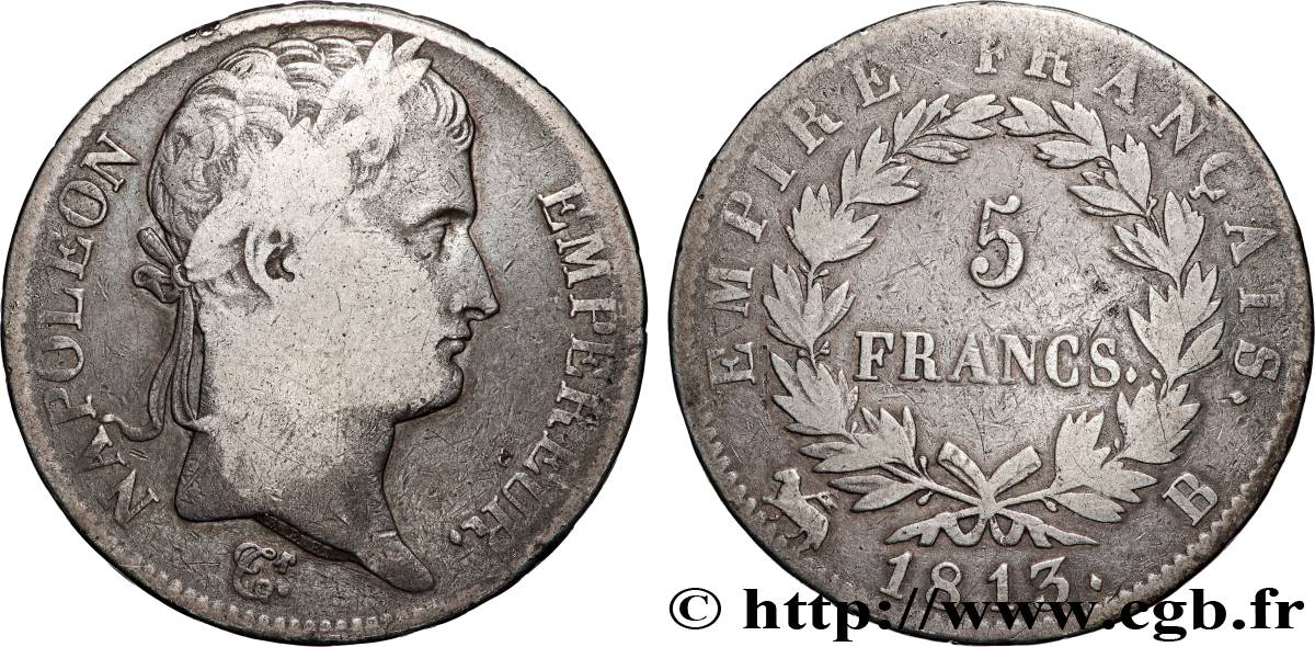 5 francs Napoléon Empereur, Empire français 1813 Rouen F.307/59 VF 