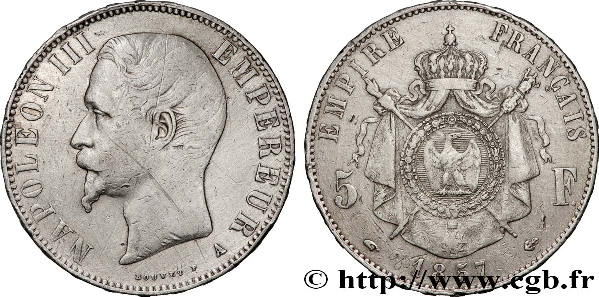 5 francs Napoléon III, tête nue 1857 Paris F.330/10 TB 
