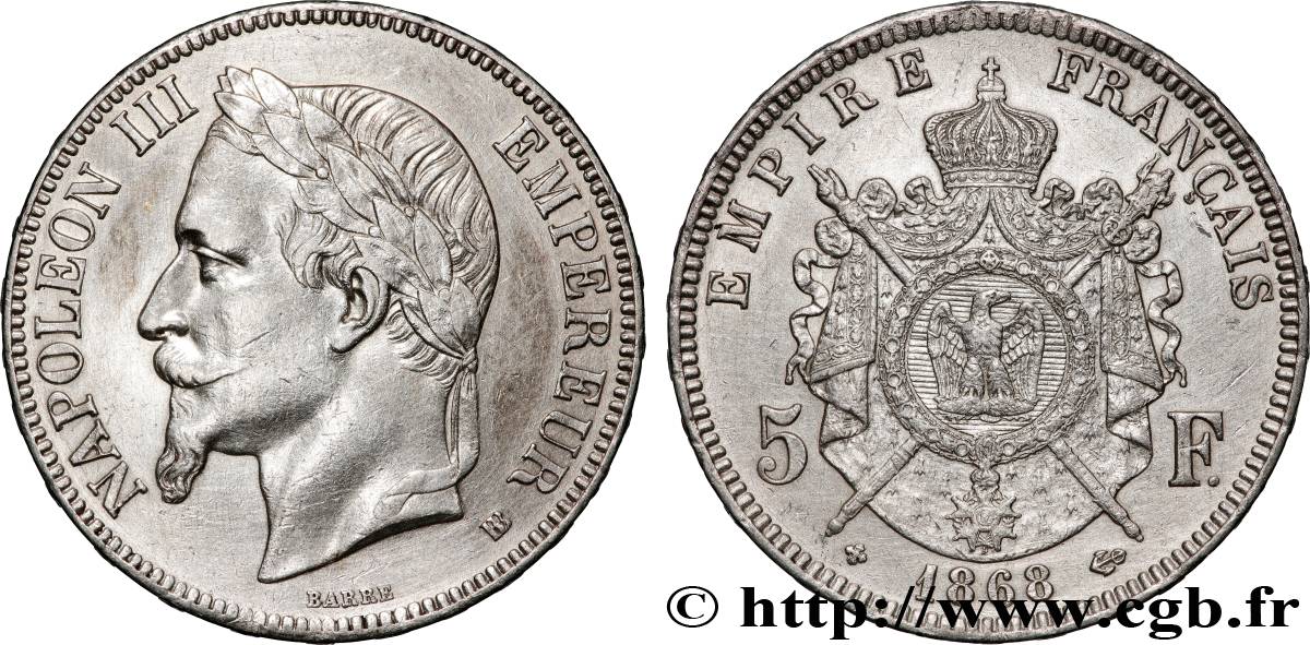 5 francs Napoléon III, tête laurée 1868 Strasbourg F.331/13 SUP 