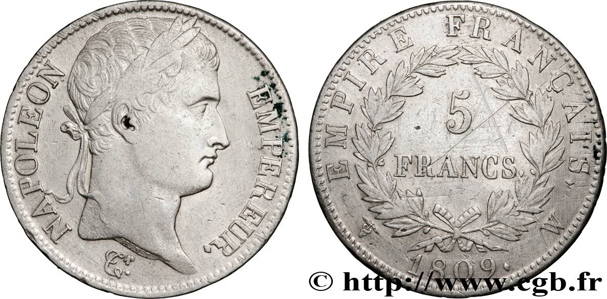 5 francs Napoléon Empereur, Empire français 1809 Lille F.307/13 XF 