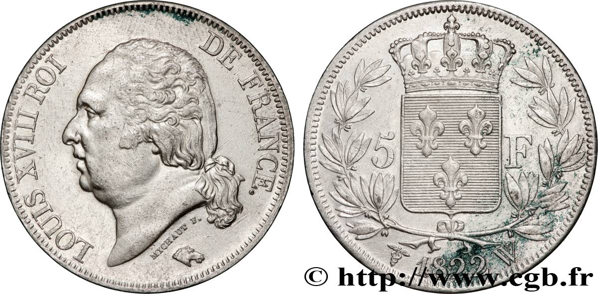 5 francs Louis XVIII, tête nue 1822 Lille F.309/75 SUP 