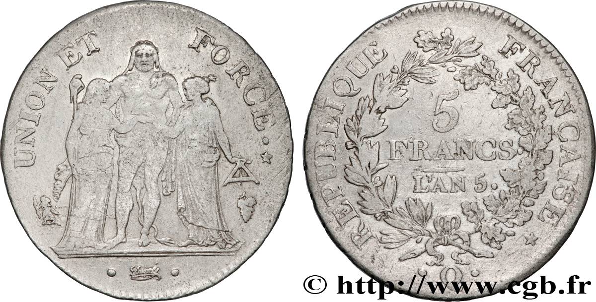 5 francs Union et Force, Union serré, seulement gland extérieur 1797 Perpignan F.288/26 q.BB 