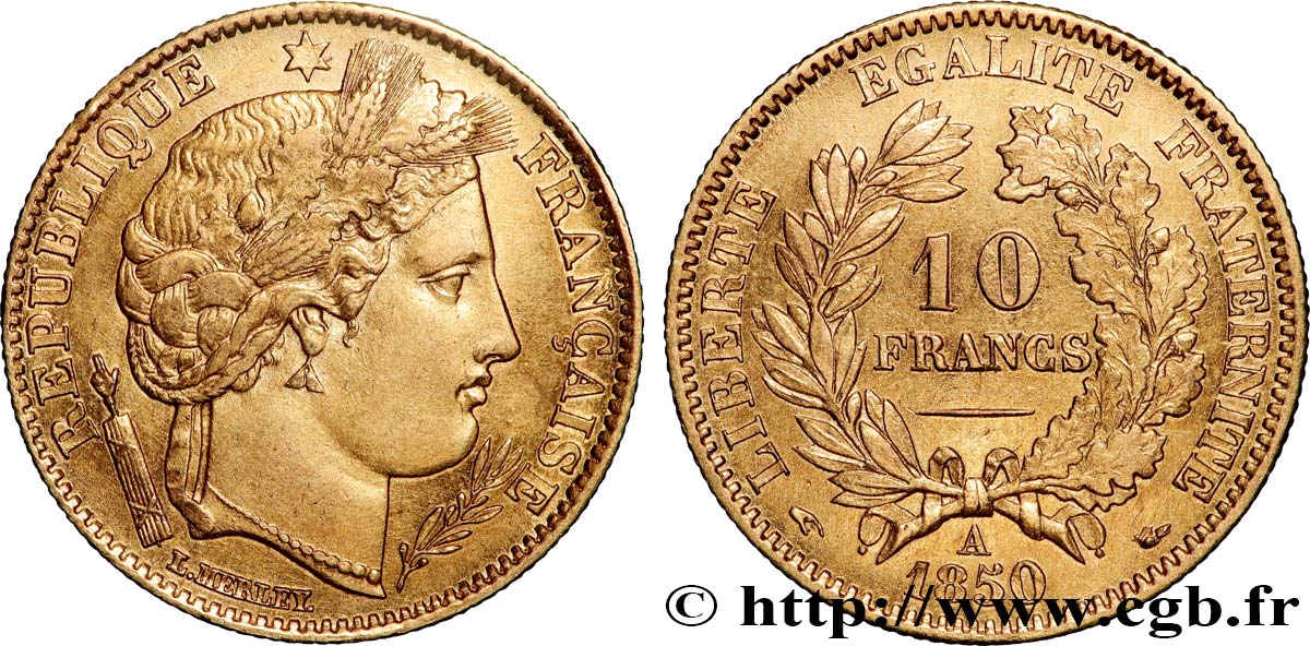 10 francs or Cérès, IIe République, levrette oreille haute 1850 Paris F.504/1 TTB+ 