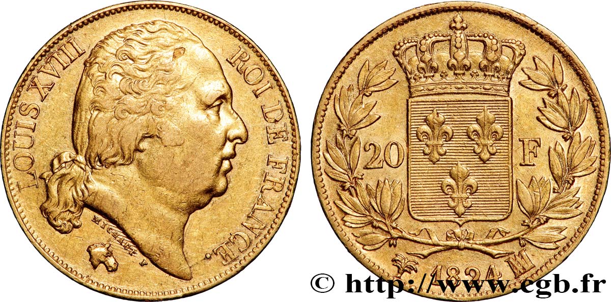 20 francs or Louis XVIII, tête nue 1824 Marseille F.519/32 q.SPL 