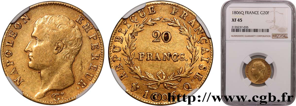 20 francs Napoléon tête nue, calendrier grégorien 1806 Perpignan F.513/3 TTB45 NGC
