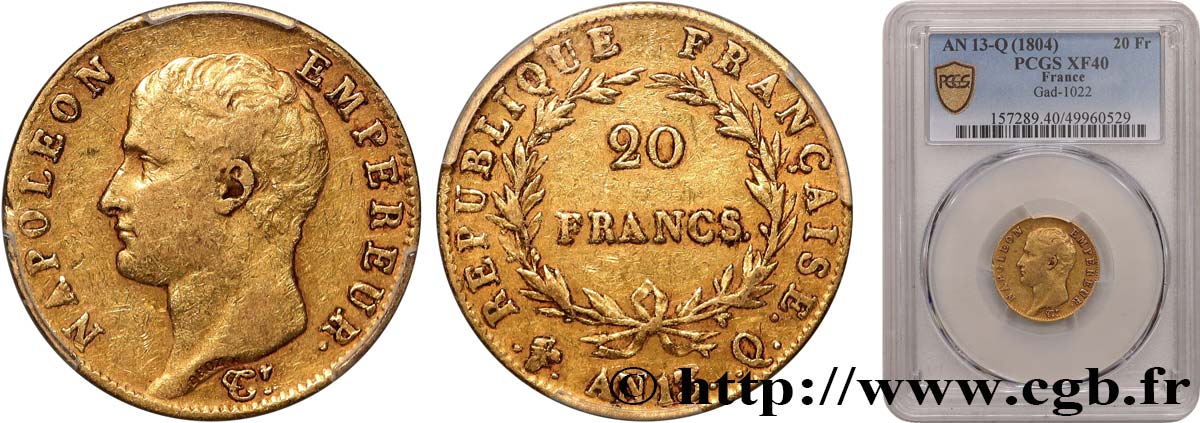 20 francs or Napoléon tête nue, Calendrier révolutionnaire 1805 Perpignan F.512/3 TTB40 PCGS