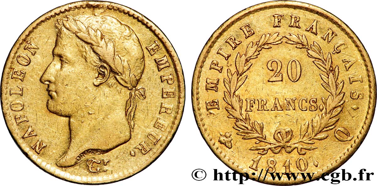 20 francs or Napoléon, tête laurée, Empire français 1810 Perpignan F.516/13 SS 