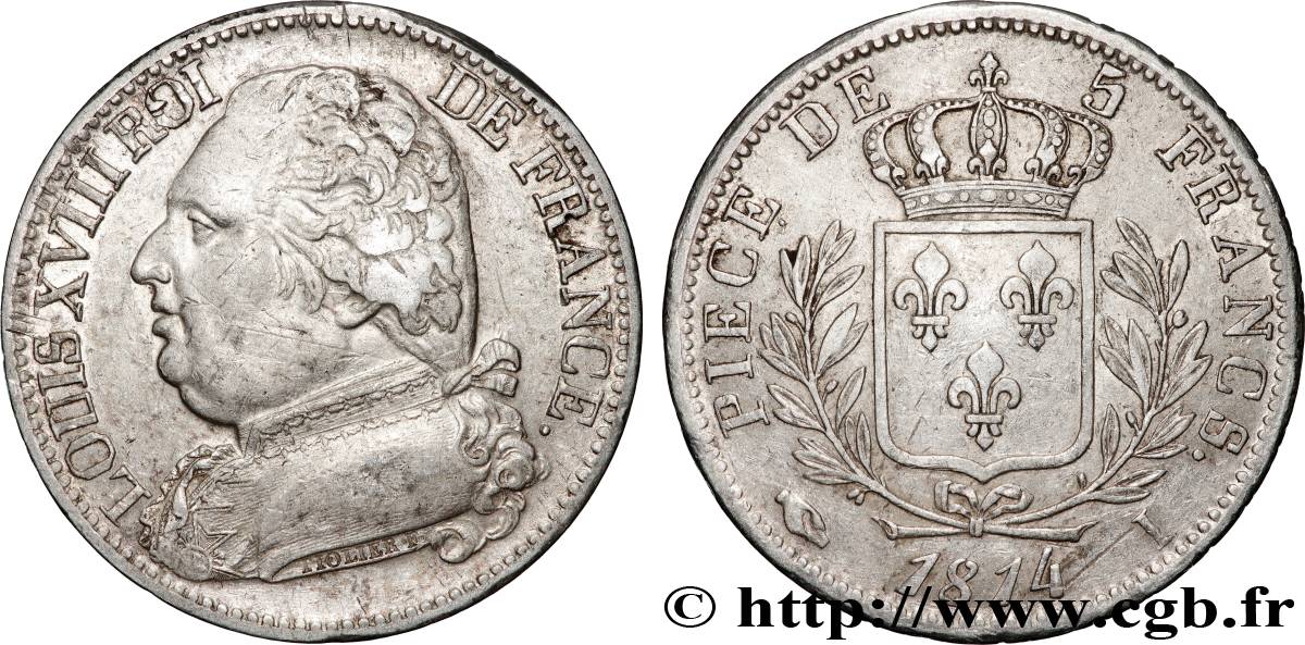 5 francs Louis XVIII, buste habillé 1814 Limoges F.308/6 TTB 